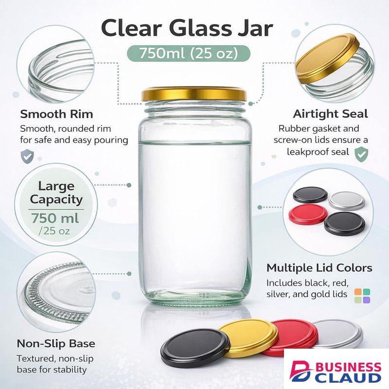 750ml Clear Glass Storage Jar with Airtight Metal Lid for Kitchen, Pantry, Honey & Food Storage
