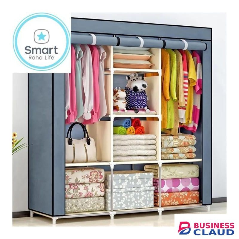 Smartraha life RahaLife 130CM 3 Column Portable Fabric Cloth Wardrobe Wardrobe - Gray 8 Shelves & Hanging Section