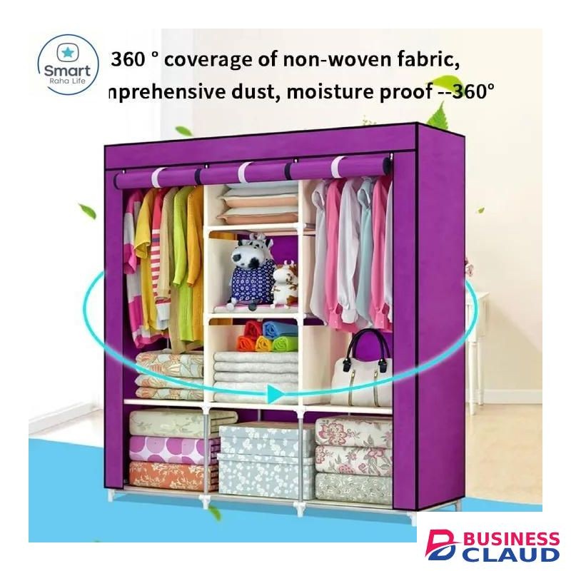 Smartraha life RahaLife 130CM 3 Column Portable Fabric Cloth Wardrobe Wardrobe - Gray 8 Shelves & Hanging Section