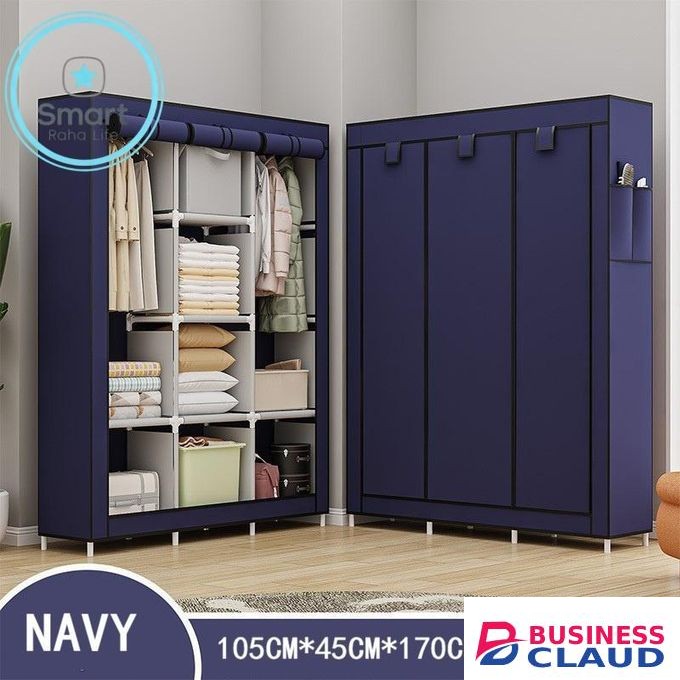 Smartraha life RahaLife 105CM 3 Column Portable Fabric Cloth Wardrobe Wardrobe - Navy 8 Shelves & Hanging Section