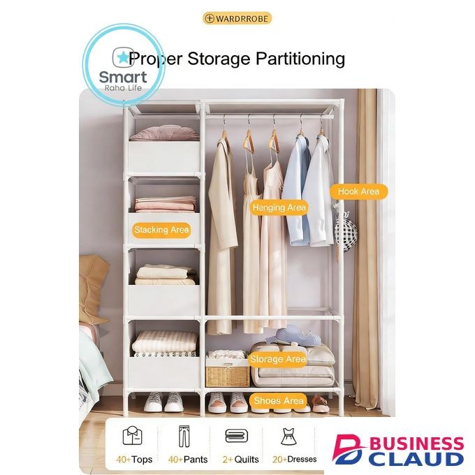 Smartraha life RahaLife 2 Columns Metallic Wardrobe Large Capacity Closet Organizer Assemble Storage Closet Portable Clothing Rack for Bedroom Home Dormitories Room Clothes Storage