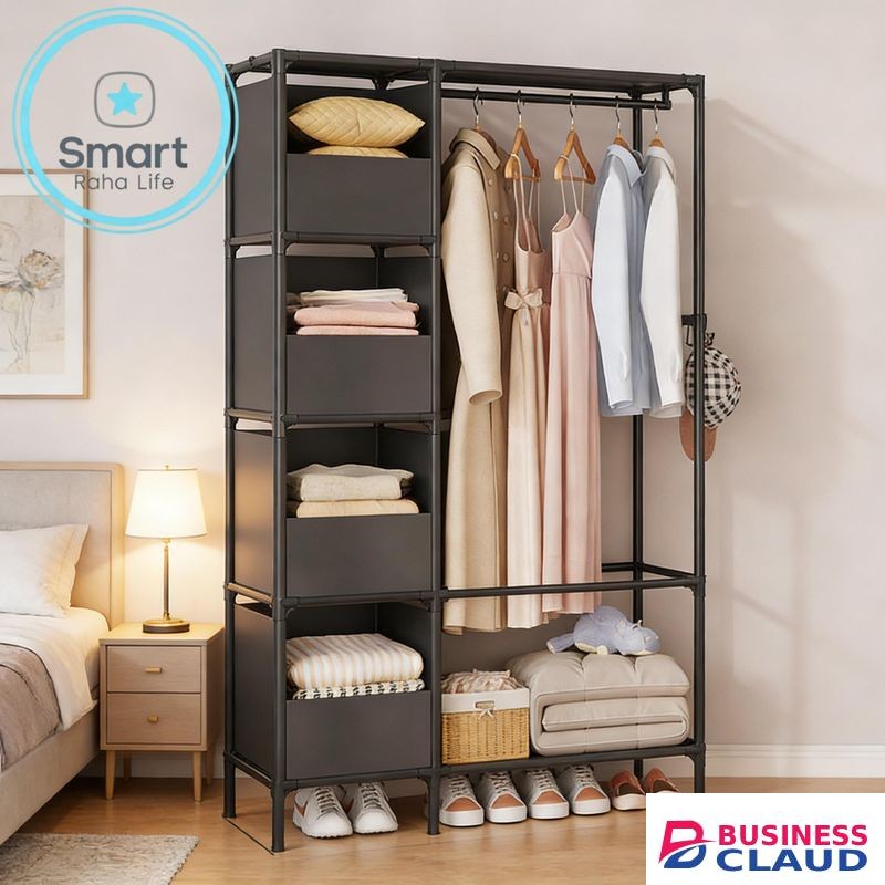 Smartraha life RahaLife 2 Columns Metallic Wardrobe Large Capacity Closet Organizer Assemble Storage Closet Portable Clothing Rack for Bedroom Home Dormitories Room Clothes Storage