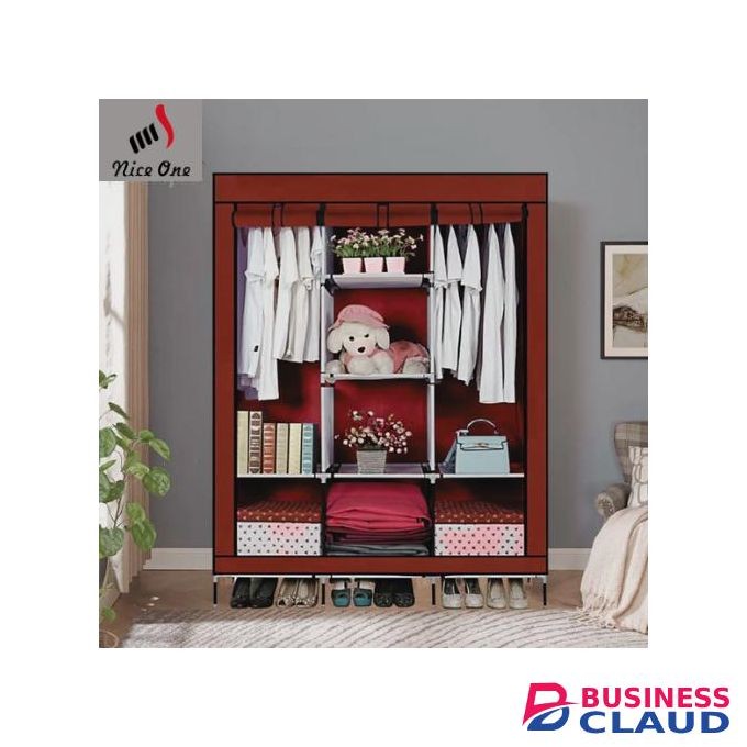 Nice One GY-28 - 3 Column Portable Fabric Cloth Wardrobe – 8 Shelves & Hanging Section - Wine Red