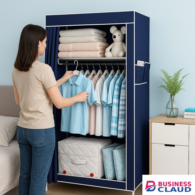 Simple Wardrobe Fabric Folding Storage Cabinet with Steel Frame and Fabric Cover – Navy Blue