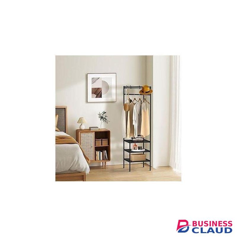 Corner clothes/coat rack shelf and shoe rack, space saving and metallic