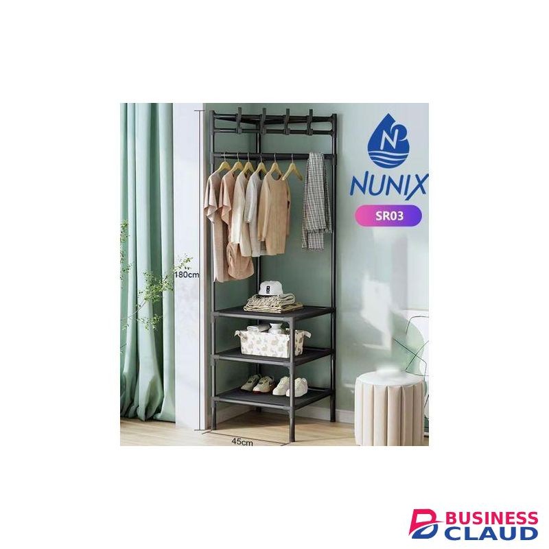 Triangular standing corner hanging clothes/coat rack shelf and shoe rack, space saving & mettalic