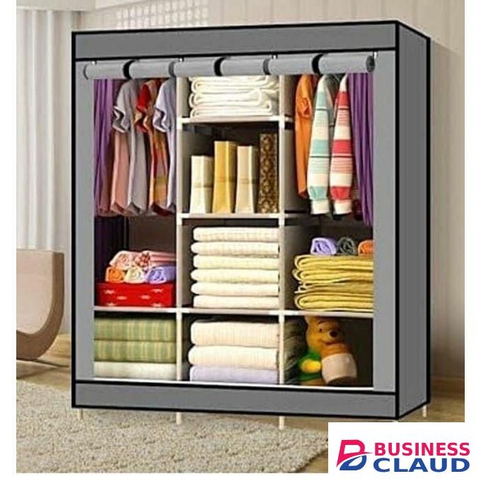 Nice One GY-28 - 3 Column Portable Fabric Cloth Wardrobe – 8 Shelves & Hanging Section - Grey Cover