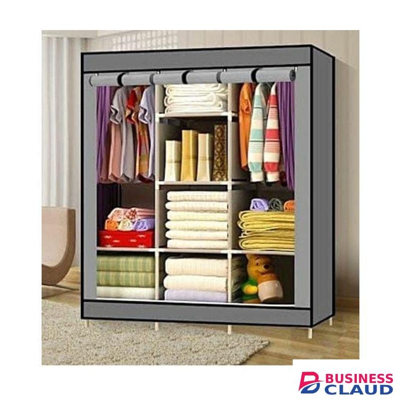 Nice One GY-28 - 3 Column Portable Fabric Cloth Wardrobe – 8 Shelves & Hanging Section - Grey Cover
