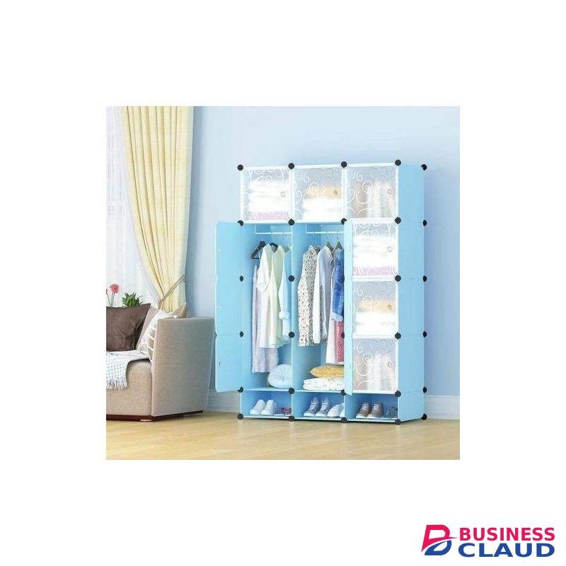 Diy TC Portable 3-Column Plastic Wardrobes Blue