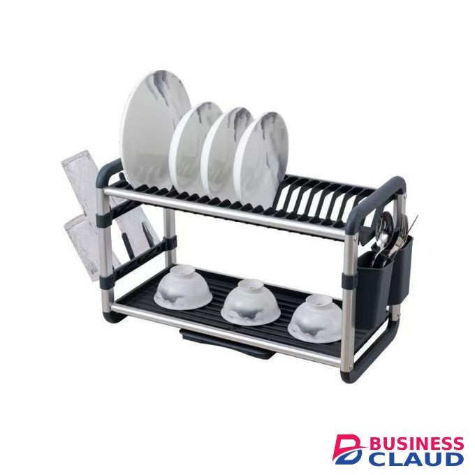 Aluminium 2 tier Dish Drainer Rack with Drainer Board with Utensils & Cup Holder.