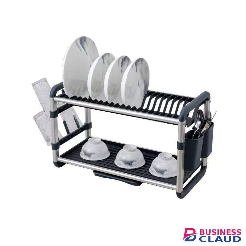 Aluminium 2 tier Dish Drainer Rack with Drainer Board with Utensils & Cup Holder.