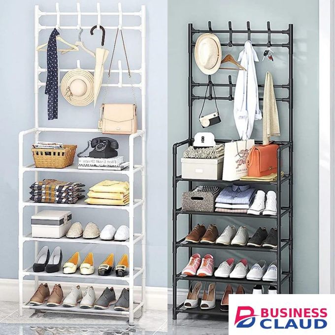 Multifunctional 5-Tier Shoe Rack Organizer with Floor Coat & Hat Rack (8 Hooks)