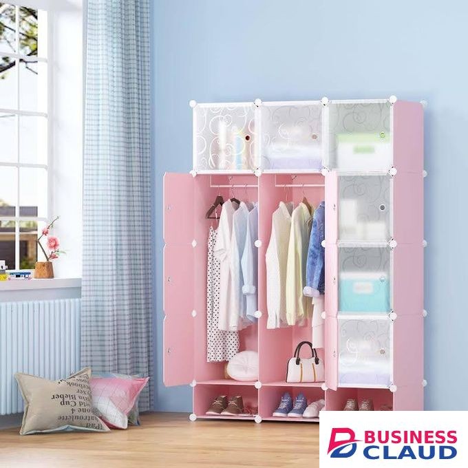 Pink 3 column Plastic portable wardrobe