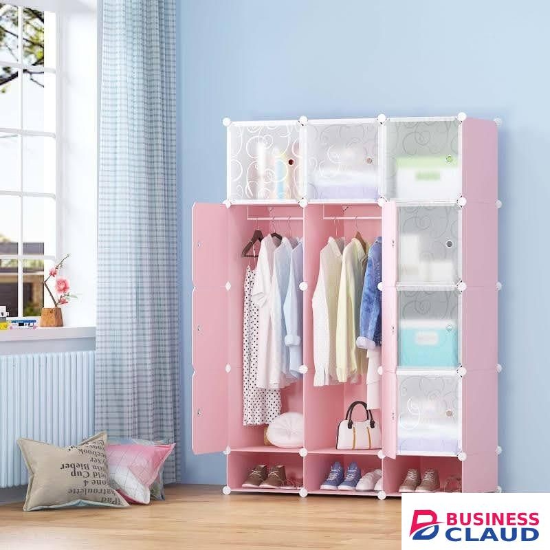 Pink 3 column Plastic portable wardrobe