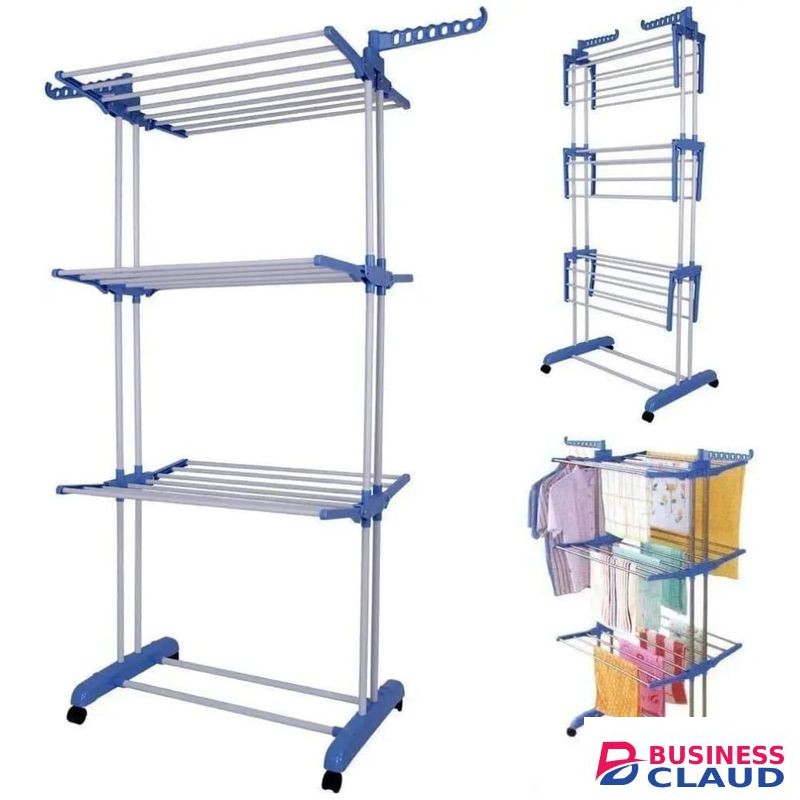 Foldable movable, balcony use Multi function mettalic 3tier clothes drying rack with shoe rack and 2 side wings