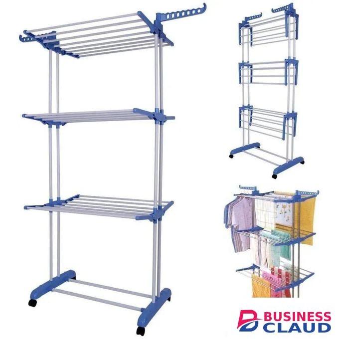Foldable movable, balcony use Multi function mettalic 3tier clothes drying rack with shoe rack and 2 side wings