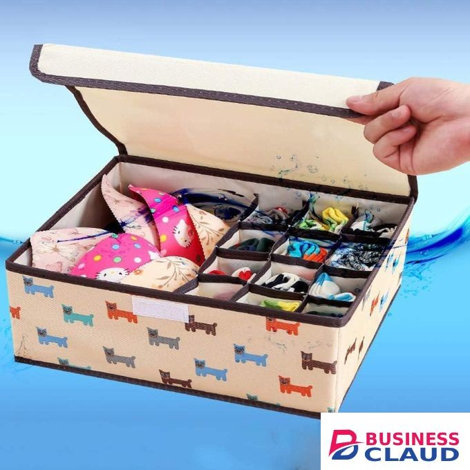 Foldable 13-Grid Undergarment Storage Box with Lid - Multi-Compartment Drawer Organizer for Bras, Socks, and Underwear - Navy Blue Polka Dot Fabric
