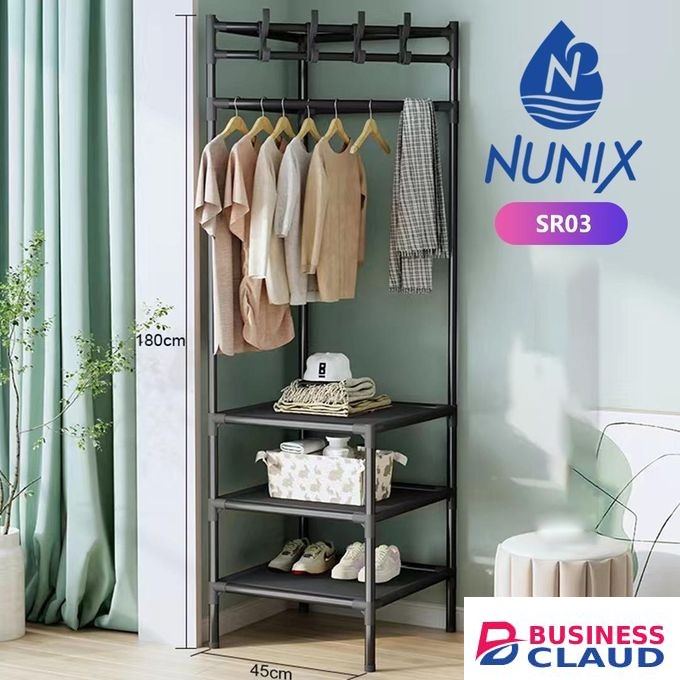 Nunix Multi-Functional Garment Rack with Storage Shelves 3-Tier Clothes Organizer Stand with Hanging Rod and Hooks