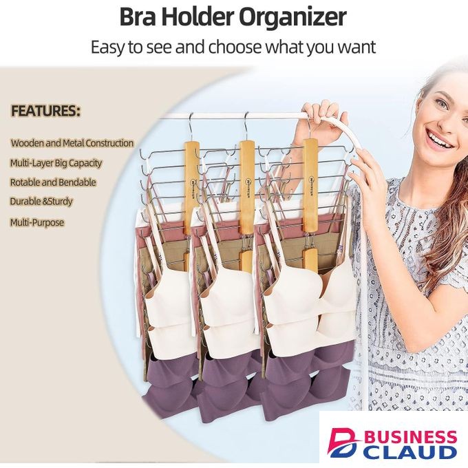 2 Pack Wood Bra Organizer for Closet - Space-Saving Tank Top Hanger - Multi-Tier Metal Hook Closet Organizer for Bras, Camisoles, Scarves, and Belts