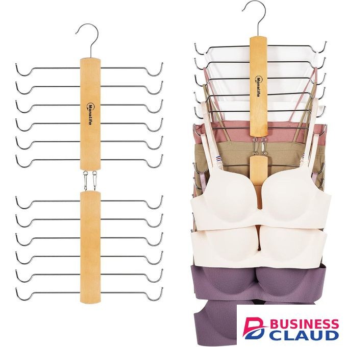 2 Pack Wood Bra Organizer for Closet - Space-Saving Tank Top Hanger - Multi-Tier Metal Hook Closet Organizer for Bras, Camisoles, Scarves, and Belts