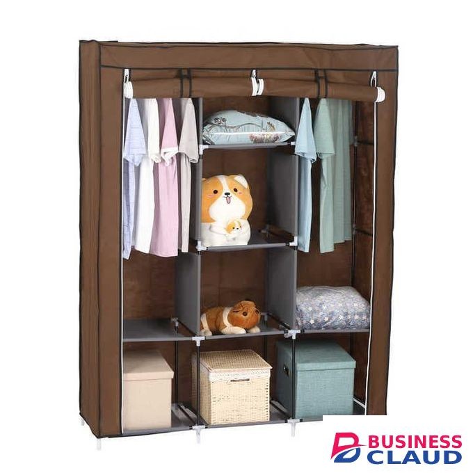 Portable Metallic Fabric Wardrobe Closet With Hanging Rail And Storage Shelves Foldable Clothes Organizer Cabinet For Bedroom Guest Room Apartment And Dorm Use