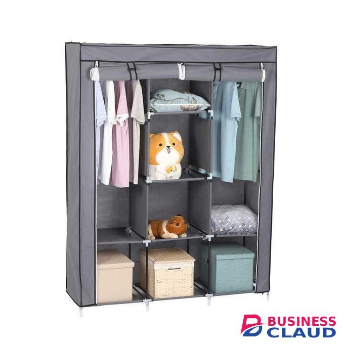 Portable Metallic Fabric Wardrobe Closet With Hanging Rail And Storage Shelves Foldable Clothes Organizer Cabinet For Bedroom Guest Room Apartment And Dorm Use