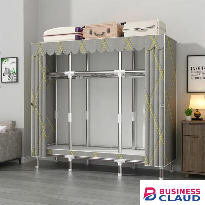 Heavy Duty Metallic Portable Wardrobe with Dustproof Curtain Extra Storage and Sturdy Frame for Clothes Coats and Home Organization