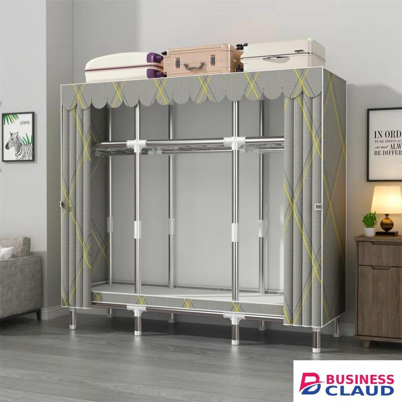 Heavy Duty Metallic Portable Wardrobe with Dustproof Curtain Extra Storage and Sturdy Frame for Clothes Coats and Home Organization