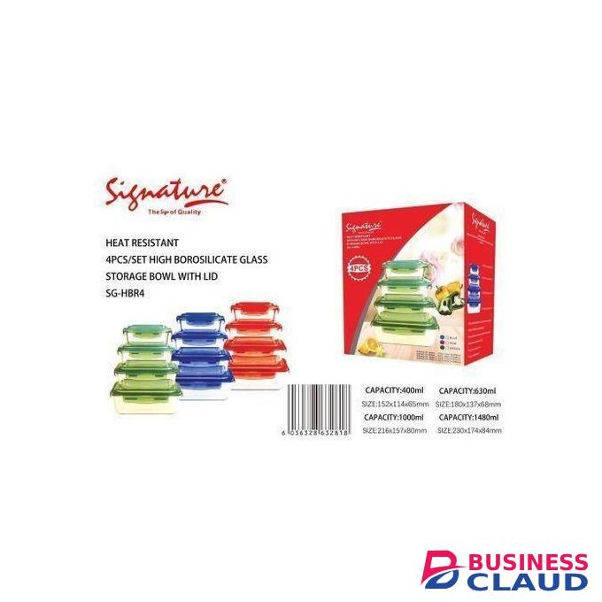 Signature 4PCS Airtight Borosilicate Glass Food Containers/ Food Storage Set (400ml,630ml,1000ml,1480ml) -Red,Blue,Green