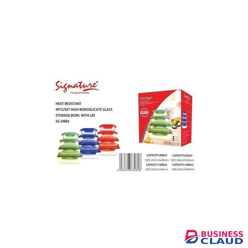 Signature 4PCS Airtight Borosilicate Glass Food Containers/ Food Storage Set (400ml,630ml,1000ml,1480ml) -Red,Blue,Green