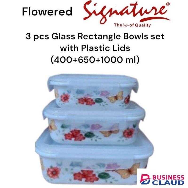 Signature 3PCs Decorated Glass Rectangle Bowl set with Plastic Lid for Food Storage
