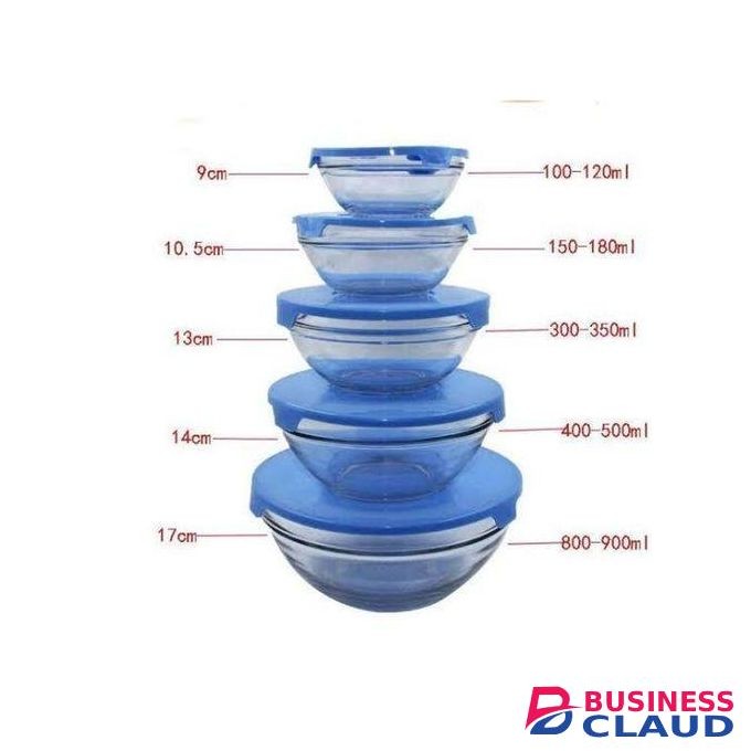 10 pc Glass Storage Bowl Set with Colour Lids Food Container Microwave Dishwasher Freezer Safe(blue)