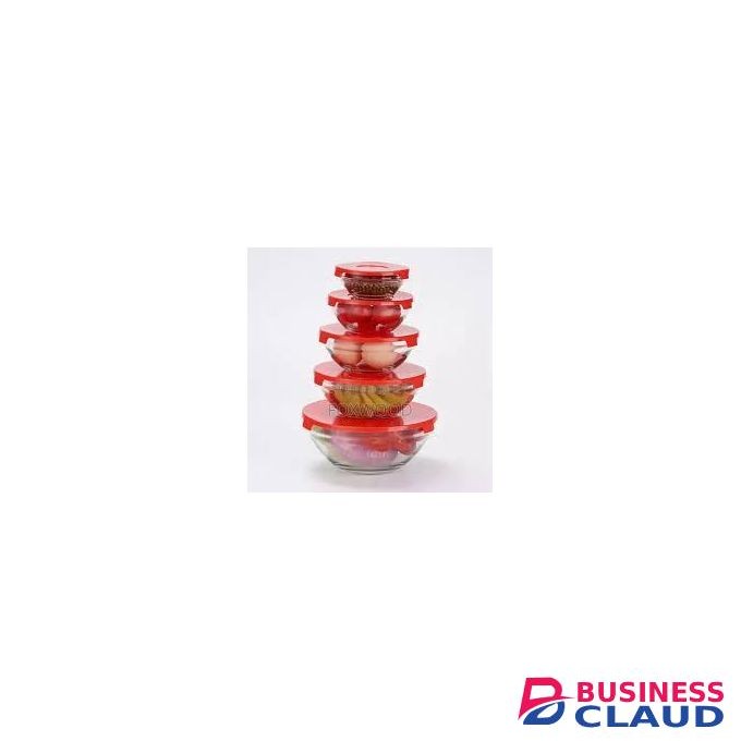 10 pc Glass Storage Bowl Set with Colour Lids Food Container Microwave Dishwasher Freezer Safe (red)