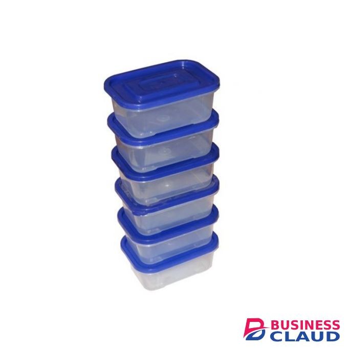 Set Of 6 Clear Plastic Food Storage Containers 800 Ml - Clear And Blue Lid
