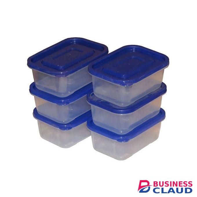 Set of 6 Clear Plastic Food Storage Containers 400 ml - Clear and blue lid