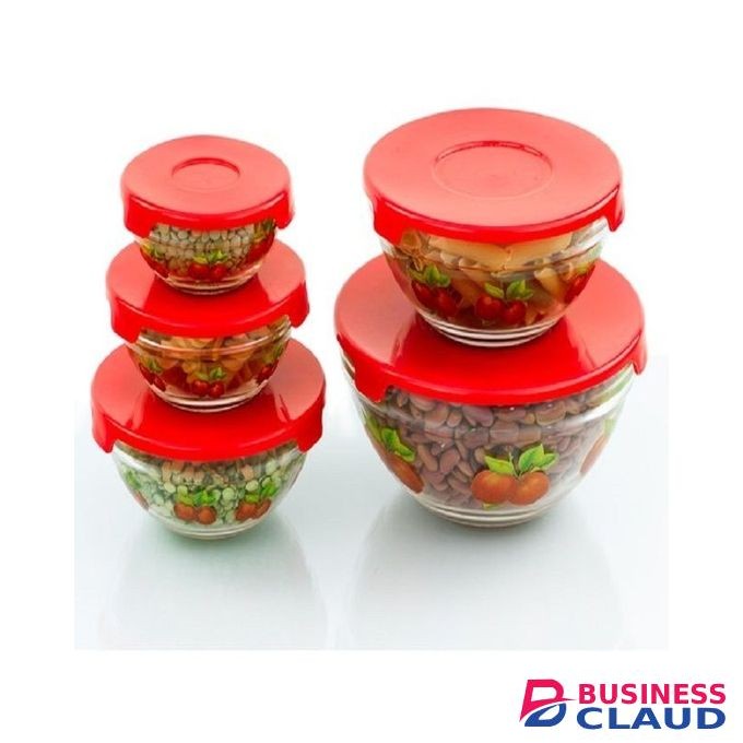 Set of 5 Fridge Storage Blass Bowls-Red