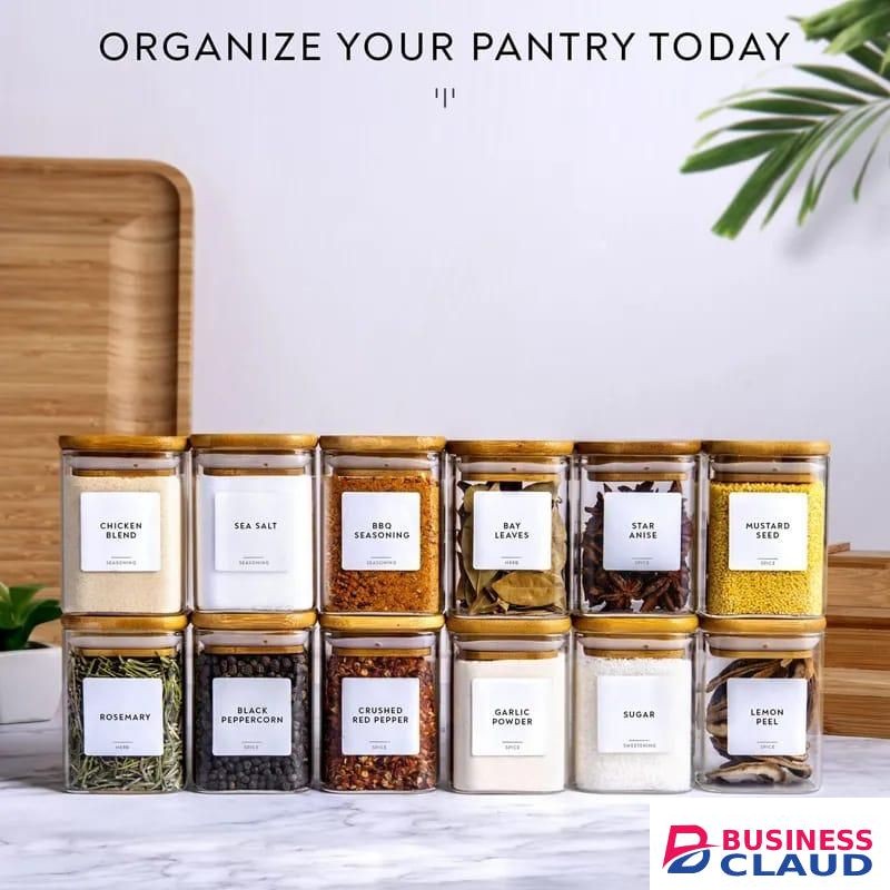12pcs Glass Spice Jar Set Bamboo Lids+FREE Stickers & Pen