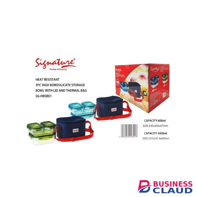 Signature 3 Pcs Heat Resistant Glass Lunch Box With Lid &Thermal Bag