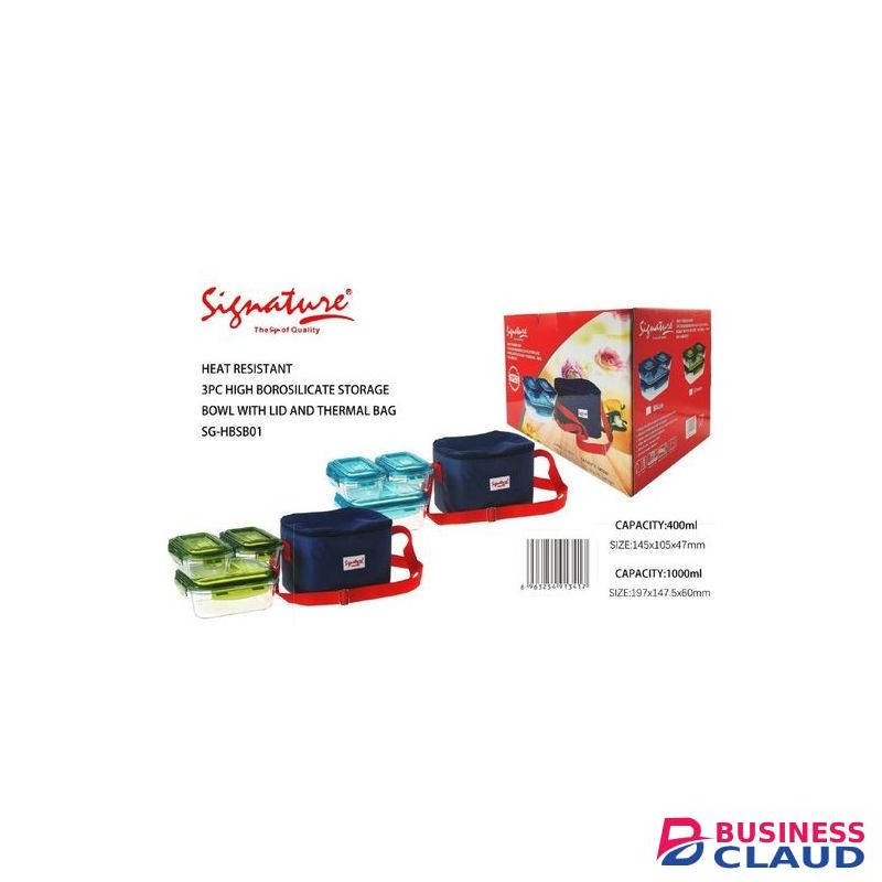 Signature 3 Pcs Heat Resistant Glass Lunch Box With Lid &Thermal Bag