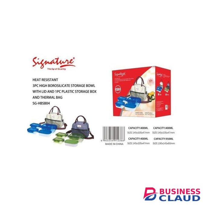 Signature 3PCs Glass Lunch Boxes+ 1 Plastic Storage Box With Thermal Bag