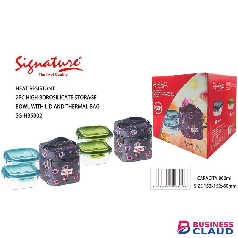 Signature 2 Pcs Heat Resistant Glass Lunch Box With Lid &Thermal Bag