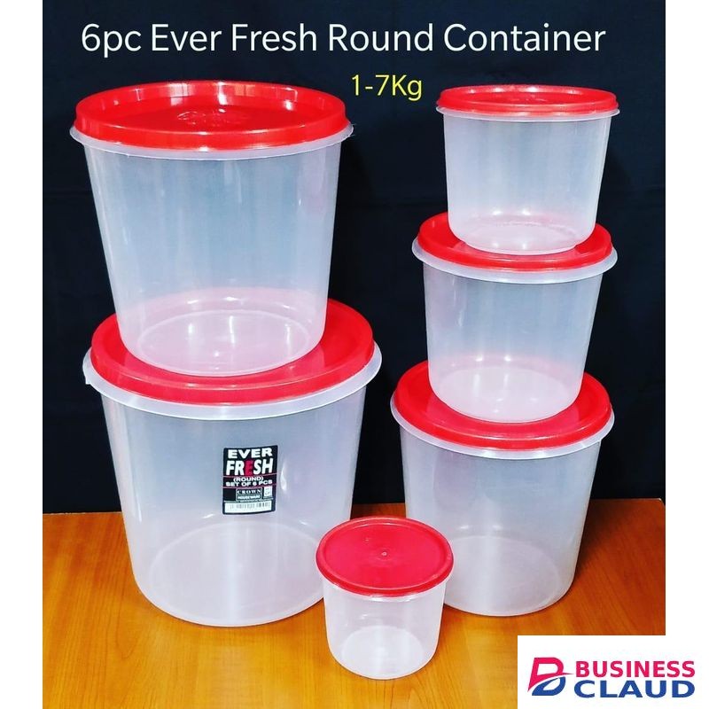 6 Piece Ever Fresh Round Food Storage Container Set - Airtight Clear Plastic Kitchen Organizers - 1kg to 7kg Capacity