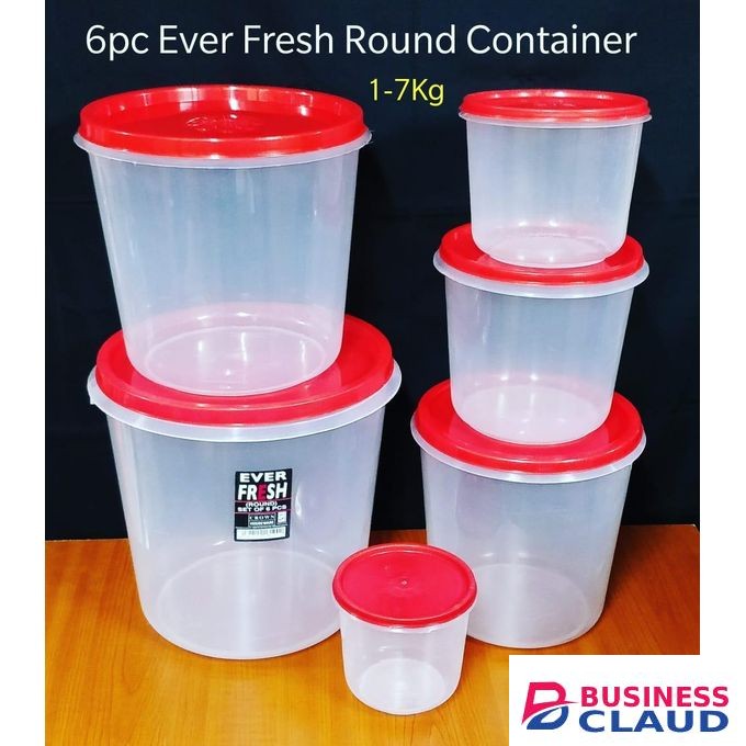 6 Piece Ever Fresh Round Food Storage Container Set - Airtight Clear Plastic Kitchen Organizers - 1kg to 7kg Capacity