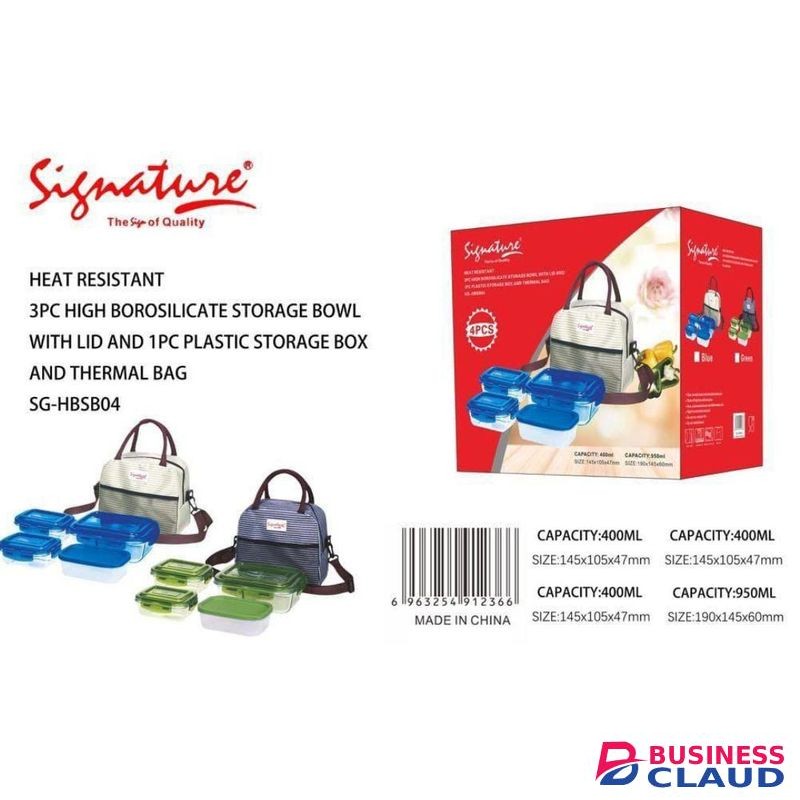 Signature 3PCs Glass Lunch Box + 1 Plastic Storge Box with Thermal Bag