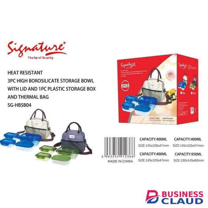Signature 3PCs Glass Lunch Box + 1 Plastic Storage Box With Thermal Bag
