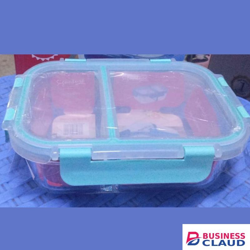 Signature 2 Partitions Borosilicate Glass Snack/Lunch Box (580ML) + FREE Glass Smoothie Cup