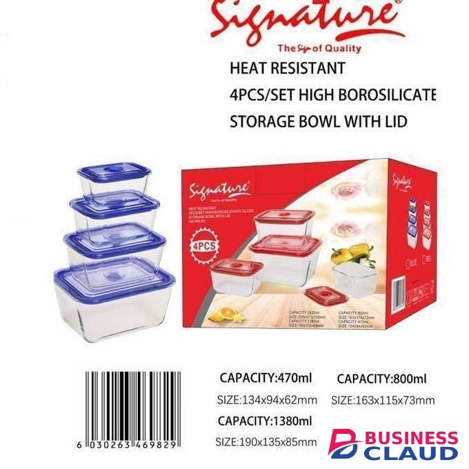 Signature 4 pcs Deep Rectangle Glass Bowl set with Plastic Lid (470/800/1380/2620ml) (SG-HBLR-4)