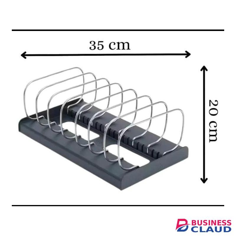 Bakeware Cookware Organizer Rack with Plastic Base and Stainless Steel Dividers Adjustable Pan Lid Tray Holder Kitchen Cabinet Storage Stand Space Saving Heavy Duty Rust Resistant Kitchen Counter Shelf