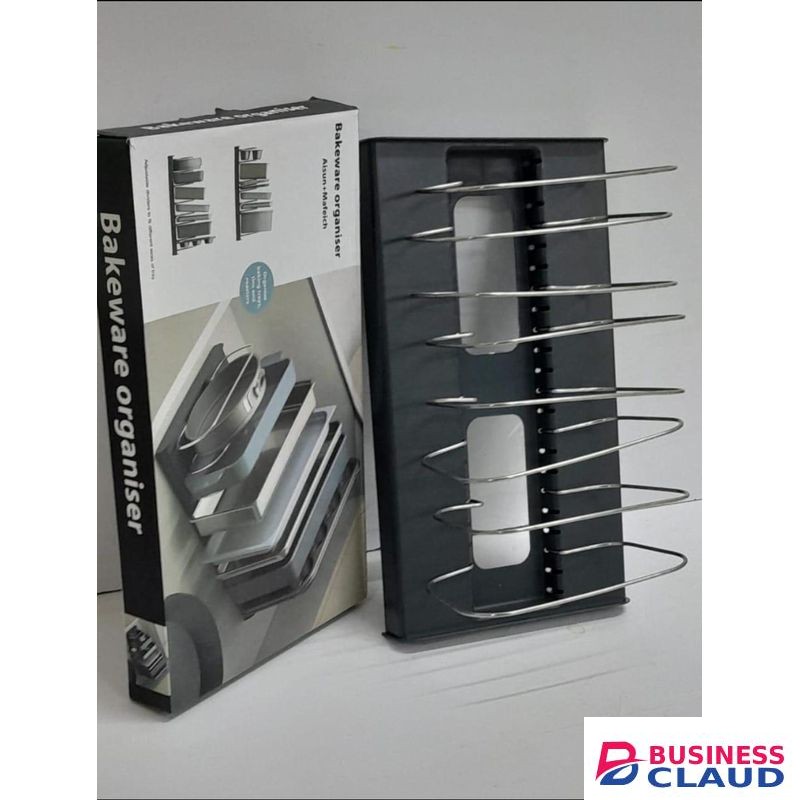 Bakeware Cookware Organizer Rack with Plastic Base and Stainless Steel Dividers Adjustable Pan Lid Tray Holder Kitchen Cabinet Storage Stand Space Saving Heavy Duty Rust Resistant Kitchen Counter Shelf