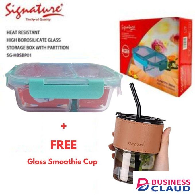 Signature 2 Partitions 580ML Heat Resistant Glass Snack/Lunch Box + FREE Glass Smoothie Cup